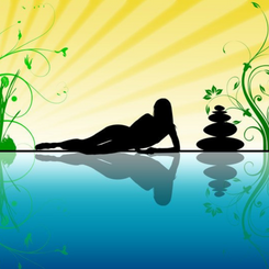 Graphic from bottle label:
Illustration of a woman laying beside still water beside zen rocks