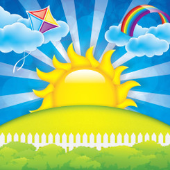 Illustration from bottle graphic of a bright sun rising over a field with blue sky and a rainbow