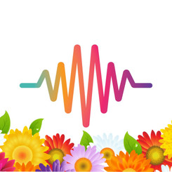 Image from bottle graphic: Bright wave frequency illustration over a bunch of colorful flowers