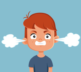 Graphic from bottle label: Red haired boy with smoke coming out of his ears and angry expression.