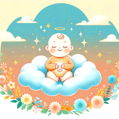 Illustration from bottle graphic: Baby sitting on a cloud over flowers with hands on stomach and a peaceful expression.