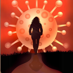 Woman walking away from a giant coronavirus molecule.