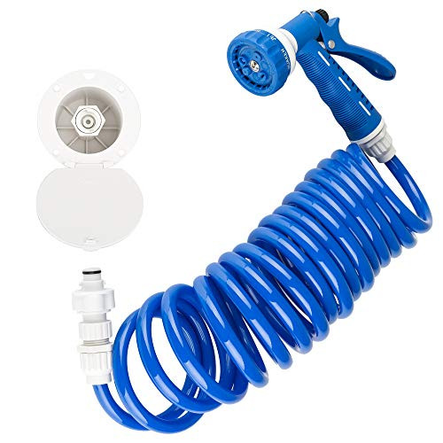 Dura Faucet RV Exterior Quick Connect Sprayer 7 Settings, 15-Foot Coiled Hose Utility Spray Dock Kit