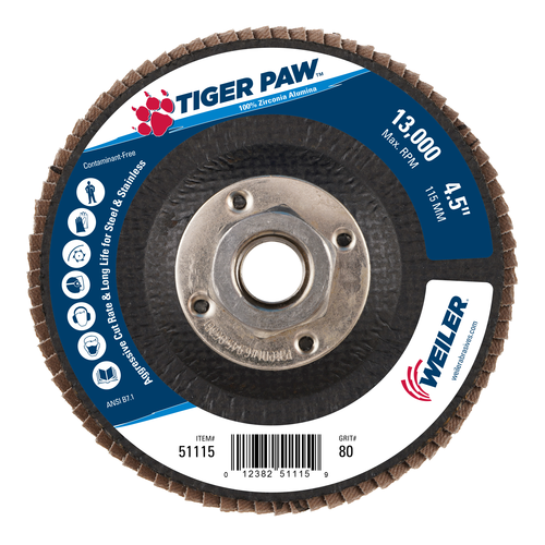 Weiler Tiger® Tiger Paw™ Standard Density 4-1/2" X 5/8"-11 80 Grit Type 27 Flap Disc