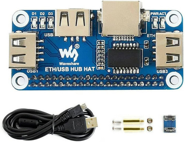 WaveShare Ethernet / USB HUB HAT (B) for Raspberry Pi Series, 1x RJ45, 3x USB 2.0