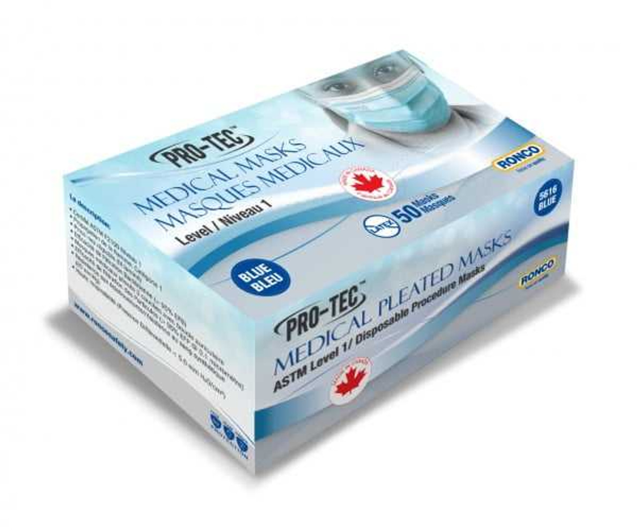 Pro-Tec™ 3-Ply Pleated Medical Mask, ASTM Level 1, Made in Canada (1,000 masks / case)