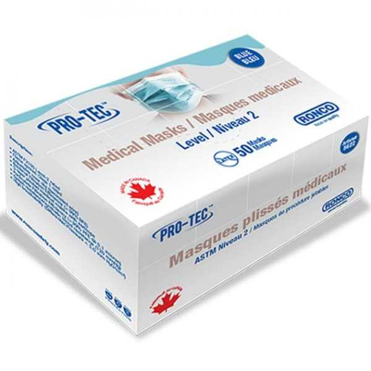 Pro-Tec™ 3-Ply Pleated Medical Mask, ASTM Level 2, Made in Canada (1,000 masks / case)