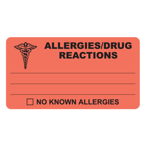 "Allergies/Drug Reactions" Label - Fl. Red - 4" x 2-1/2" - 100/Box