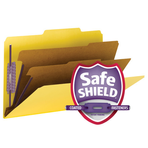 Smead Pressboard Classification File Folder with SafeSHIELD Fasteners, 2 Dividers, 2" Expansion, Legal Size, Yellow, 10 per Box (19034)