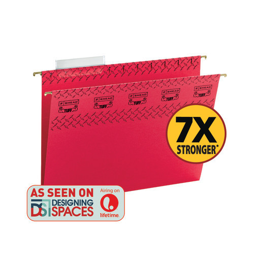 Smead TUFF Hanging File Folder with Easy Slide?? Tab, 1/3-Cut Sliding Tab, Letter Size, Red, 18 per Box (64043)