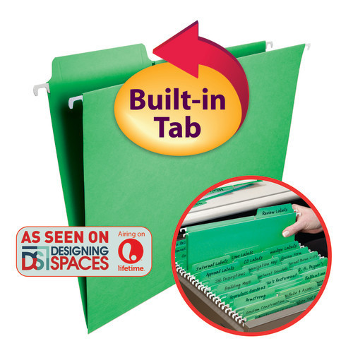 Smead FasTab Hanging File Folder, 1/3-Cut Built-In Tab, Letter Size, Green, 20 per Box (64098)