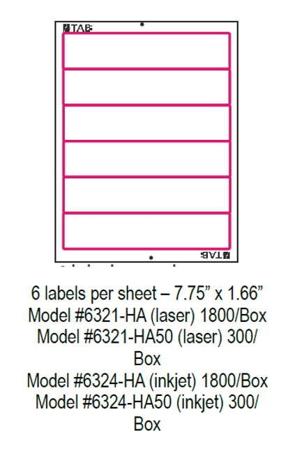 Tabquik Laser Labels, 6 Labels Per Sheet, 7.75" x 1.66", (1800 Labels Per BOX)