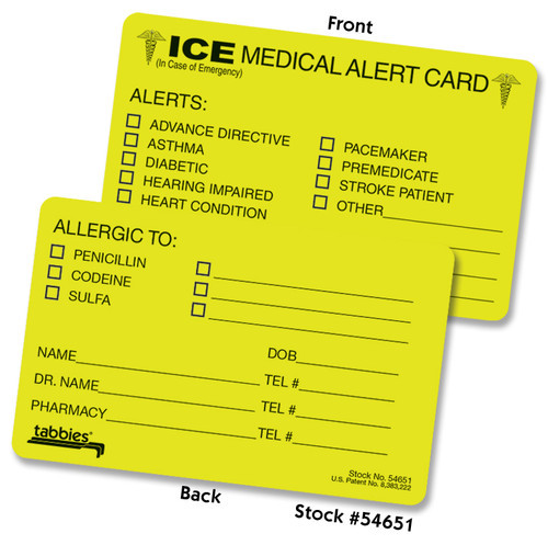 Tabbies 54651, Medical Information Cards Practice MARKETING/GIVEAWAYS, Ice Card Alert Card, Fluorescent Yellow, 2-1/8"H x 3-3/8"W, 100/BOX