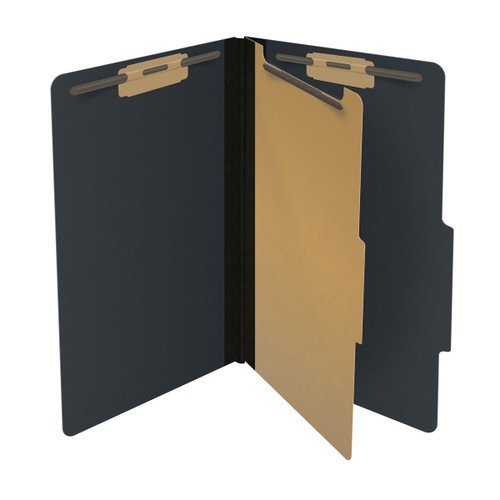 Black legal size top tab one divider classification folder with 2" gray tyvek expansion, with 2" bonded fasteners on inside front and inside back and 1" duo fastener on divider. 25 pt type 3 pressboard stock covers. Packaged 10/50