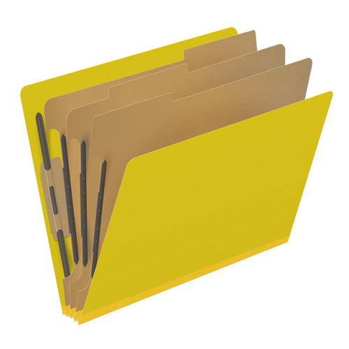 Yellow letter size End Tab, 3 divider Classification Folder with 3" yellow tyvek expansion, with 2" bonded fasteners on inside front and inside back and 1" duo fastener on dividers. 25 pt type 3 pressboard stock covers. 10/Box