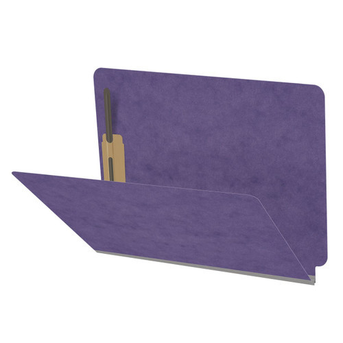 Purple letter size end tab classification folder with 2" gray tyvek expansion and 2" bonded fasteners on inside front and inside back. 25 pt type 3 pressboard stock. Packaged 25/125.