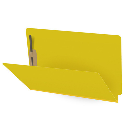 Yellow legal size end tab classification folder with 2" lemon yellow tyvek expansion and 2" bonded fasteners on inside front and inside back. 25 pt type 3 pressboard stock. Packaged 25/125.