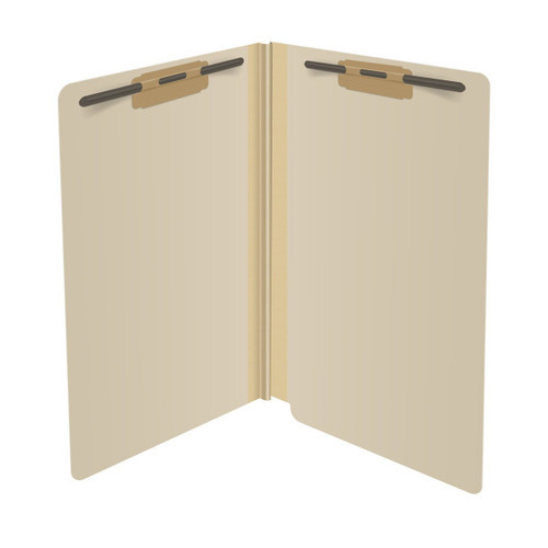 Manila legal size end tab classification folder with 2" gray tyvek expansion and 2" bonded fasteners on inside front and inside back. 18 pt manila stock. Packaged 25/125.