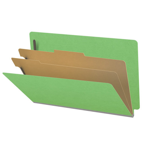 Green legal size end tab classification folder with 2" gray tyvek expansion, with 2" bonded fasteners on inside front and inside back and 1" duo fastener on dividers. 18 pt. paper stock and 17 pt brown kraft dividers. Packaged 10/50.