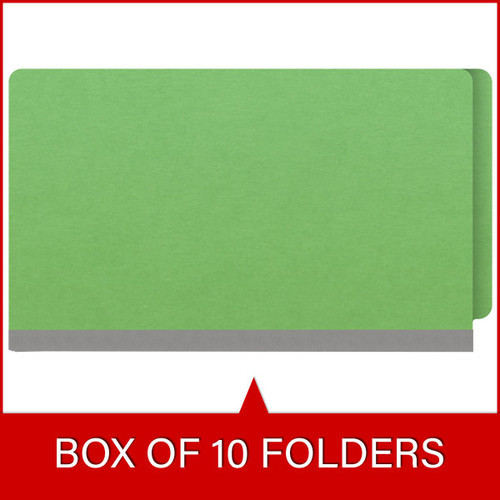 Green legal size end tab classification folder with 2" gray tyvek expansion, with 2" bonded fasteners on inside front and inside back and 1" duo fastener on dividers. 18 pt. paper stock and 17 pt brown kraft dividers. Packaged 10/50.