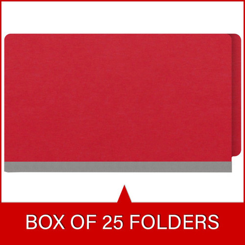 Red legal size end tab classification folder with 2" gray tyvek expansion and 2" bonded fasteners on inside front and inside back. 18 pt. paper stock. Packaged 25/125.