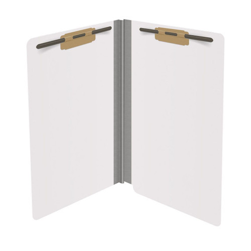 White legal size end tab classification folder with 2" gray tyvek expansion and 2" bonded fasteners on inside front and inside back. 18 pt. paper stock. Packaged 25/125.