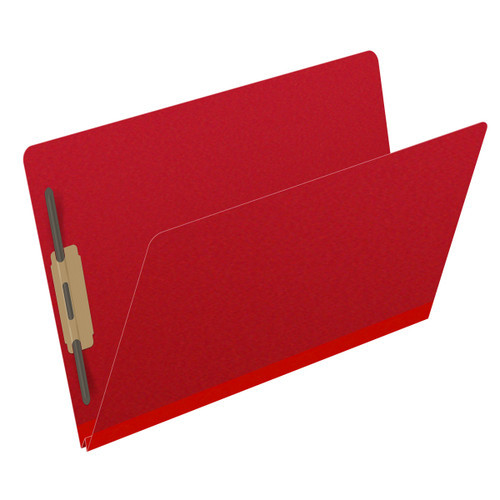 Deep red legal size end tab classification folder with 2" gray tyvek expansion and 2" bonded fasteners on inside front and inside back. 25 pt type 3 pressboard stock. Packaged 25/125