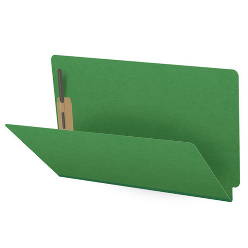 Moss Green Legal Size End Tab Classification Folder With 2" dark green tyvek expansion and 2" Bonded Fasteners On Inside Front And Inside BACK. 25 Pt Type 3 Pressboard Stock, 25/BOX