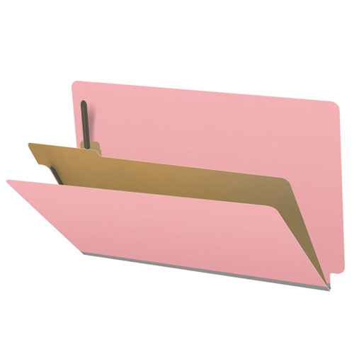 Pink legal size end tab classification folder with 2" gray tyvek expansion, with 2" bonded fasteners on inside front and inside back and 1" duo fastener on divider. 18 pt. paper stock and 17 pt brown kraft dividers. Packaged 10/50.