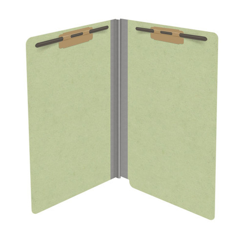 Peridot green legal size end tab classification folder with 2" dark green tyvek expansion and 2" bonded fasteners on inside front and inside back. 25 pt type 3 pressboard stock. Packaged 25/125.