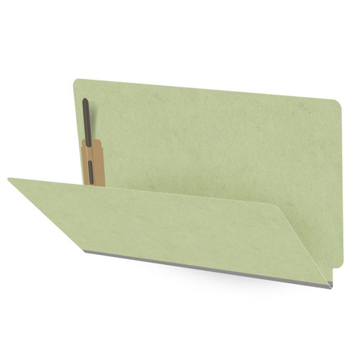 Peridot green legal size end tab classification folder with 2" dark green tyvek expansion and 2" bonded fasteners on inside front and inside back. 25 pt type 3 pressboard stock. Packaged 25/125.