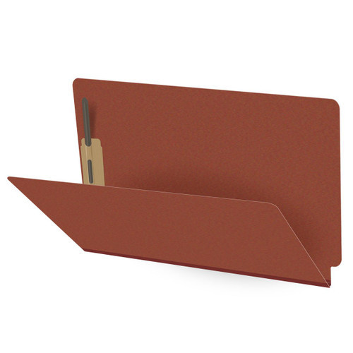 Red legal size end tab classification folder with 2" russet brown tyvek expansion and 2" bonded fasteners on inside front and inside back. 25 pt type 3 pressboard stock. Packaged 25/125.