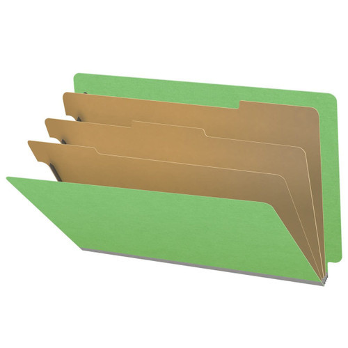 Green legal size end tab classification folder with 3" gray tyvek expansion, with 2" bonded fasteners on inside front and inside back and 1" duo fastener on dividers. 18 pt. paper stock and 17 pt brown kraft dividers. Packaged 10/50.