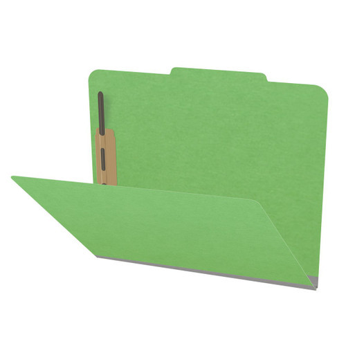 Green letter size top tab classification folder with 2" gray tyvek expansion and 2" bonded fasteners on inside front and inside back. 18 pt. paper stock. Packaged 25/125.