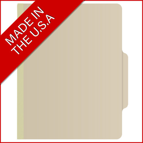 Manila letter size top tab one divider classification folder with 2" gray tyvek expansion, with 2" bonded fasteners on inside front and inside back and 1" duo fastener on divider. 18 pt manila stock. Packaged 10/50.