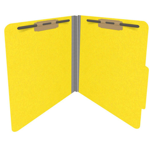 Yellow letter size top tab classification folder with 2" gray tyvek expansion and 2" bonded fasteners on inside front and inside back. 18 pt. paper stock. Packaged 25/125.