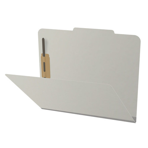 Grey letter size top tab classification folder with 2" gray tyvek expansion and 2" bonded fasteners on inside front and inside back. 25 pt type 3 pressboard stock. Packaged 25/125.