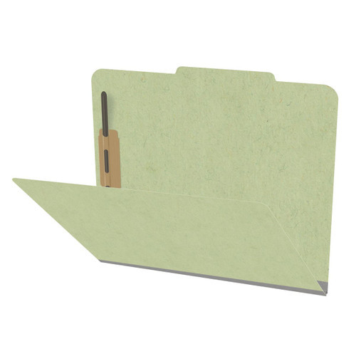 Peridot green letter size top tab classification folder with 2" dark green tyvek expansion and 2" bonded fasteners on inside front and inside back. 25 pt type 3 pressboard stock. Packaged 25/125.