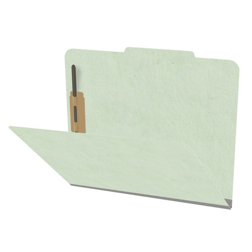 Pale green letter size top tab classification folder with 2" gray tyvek expansion and 2" bonded fasteners on inside front and inside back. 25 pt type 3 pressboard stock. Packaged 25/125.