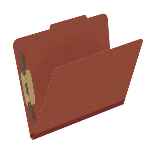 Red letter size top tab classification folder with 2" russet brown tyvek expansion and 2" bonded fasteners on inside front and inside back. 25 pt type 3 pressboard stock. Packaged 25/125.