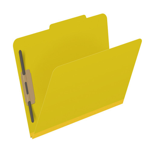 Yellow letter size top tab classification folder with 2" lemon yellow tyvek expansion and 2" bonded fasteners on inside front and inside back. 25 pt type 3 pressboard stock. Packaged 25/125.