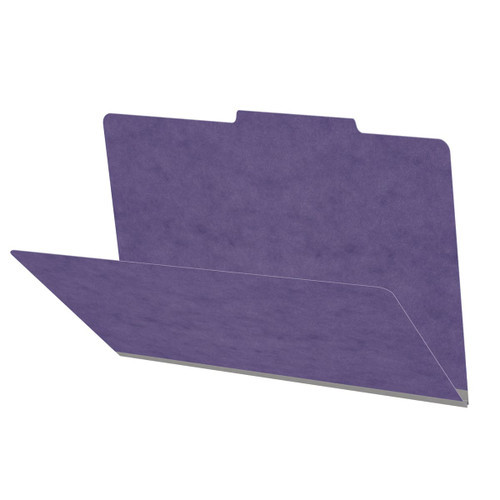 Purple legal size top tab classification folder with 2" gray tyvek expansion. 25 pt type 3 pressboard stock. Packaged 25/125.