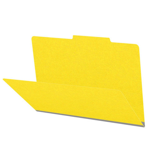 Yellow legal size top tab classification folder with 2" gray tyvek expansion. 18 pt. paper stock. Packaged 25/125.