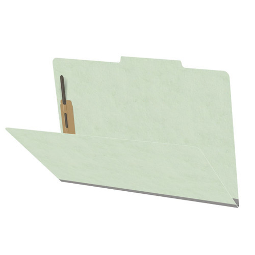 Pale green legal size top tab classification folder with 2" gray tyvek expansion and 2" bonded fasteners on inside front and inside back. 25 pt type 3 pressboard stock. Packaged 25/125.