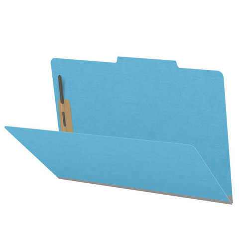 Blue legal size top tab classification folder with 2" gray tyvek expansion and 2" bonded fasteners on inside front and inside back. 18 pt. paper stock. Packaged 25/125.