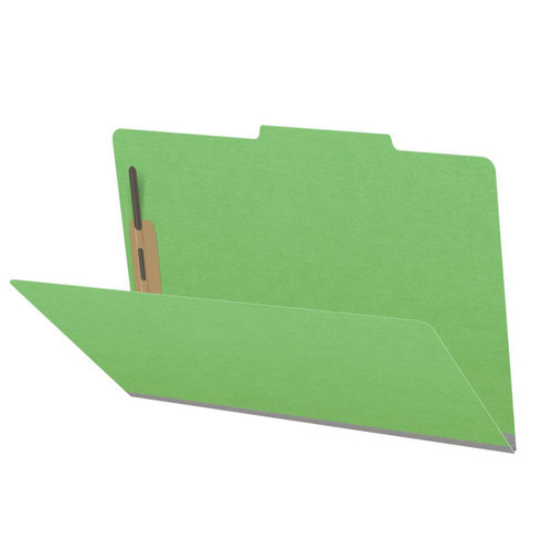 Green legal size top tab classification folder with 2" gray tyvek expansion and 2" bonded fasteners on inside front and inside back. 18 pt. paper stock. Packaged 25/125.