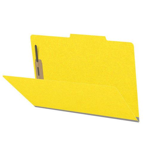 Yellow legal size top tab classification folder with 2" gray tyvek expansion and 2" bonded fasteners on inside front and inside back. 18 pt. paper stock. Packaged 25/125.