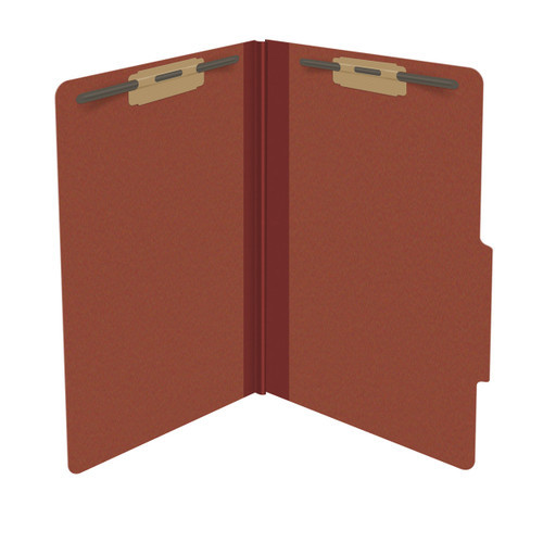 Red legal size top tab classification folder with 2" russet brown tyvek expansion and 2" bonded fasteners on inside front and inside back. 25 pt type 3 pressboard stock. Packaged 25/125.