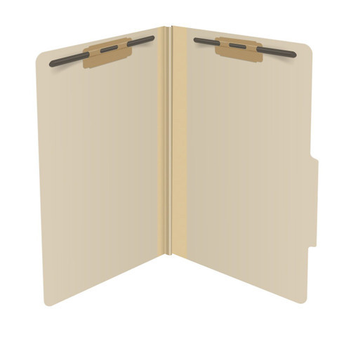 Manila legal size top tab classification folder with 2" gray tyvek expansion and 2" bonded fasteners on inside front and inside back. 18 pt manila stock. Packaged 25/125.