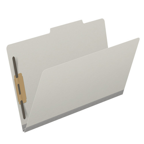 Grey legal size top tab classification folder with 2" gray tyvek expansion and 2" bonded fasteners on inside front and inside back. 25 pt type 3 pressboard stock. Packaged 25/125.